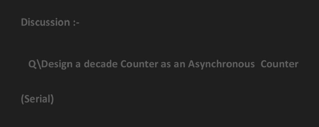 Discussion :-
Q\Design a decade Counter as an
Asynchronous Counter
(Serial)
