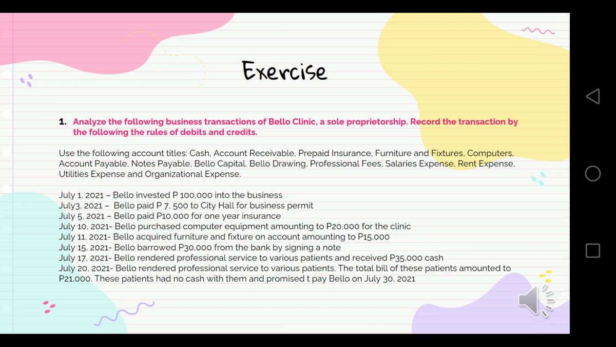Еxercise
1. Analyze the following business transactions of Bello Clinic, a sole proprietorship. Record the transaction by
the following the rules of debits and credits.
Use the following account titles: Cash, Account Receivable, Prepaid Insurance, Furniture and Fixtures, Computers,
Account Payable, Notes Payable, Bello Capital, Bello Drawing. Professional Fees, Salaries Expense, Rent Expense.
Utilities Expense and Organizational Expense.
July 1, 2021 - Bello invested P 100,0oo into the business
July3. 2021 - Bello paid P 7. 500 to City Hall for business permit
July 5, 2021 - Bello paid P10,000 for one year insurance
July 10, 2021- Bello purchased computer equipment amounting to P20,000 for the clinic
July 11, 2021- Bello acquired furniture and fixture on account amounting to P15.000
July 15. 2021- Bello barrowed P30.000 from the bank by signing a note
July 17, 2021- Bello rendered professional service to various patients and received P35.000 cash
July 20, 2021- Bello rendered professional service to various patients. The total bill of these patients amounted to
P21,000. These patients had no cash with them and promised t pay Bello on July 30, 2021
