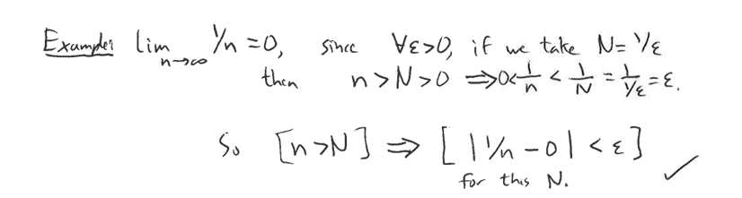 Exampler lim Yn =0,
nico
then
Since VESO, if we take N=1/ε
n>N>0 =>0< < = = 1 / ₁₂ = E₁
So [n>N] => [1¼½-01<ε]
for this N.