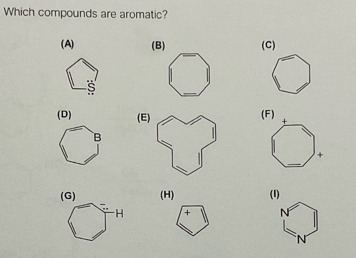 Which compounds are aromatic?
(A)
(B)
(C)
(D)
(E)
(F)
В
(G)
(H)
(1)
