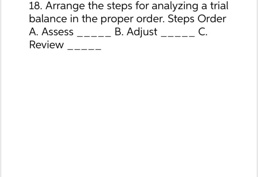 18. Arrange the steps for analyzing a trial
balance in the proper order. Steps Order
A. Assess
B. Adjust
____ C.
Review