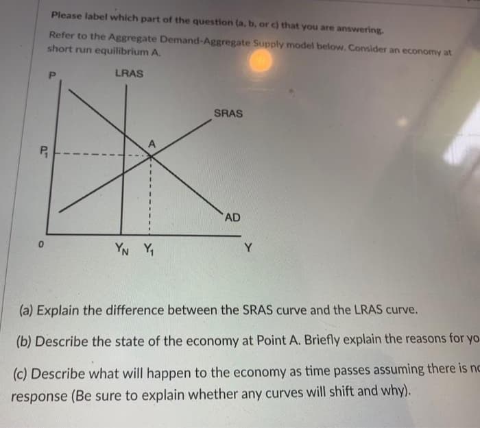 Please label which part of the question (a, b, or c) that you are answering.
Refer to the Aggregate Demand-Aggregate Supply model below. Consider an economy at
short run equilibrium A.
LRAS
P₁
0
A
YN Y₁
SRAS
AD
Y
(a) Explain the difference between the SRAS curve and the LRAS curve.
(b) Describe the state of the economy at Point A. Briefly explain the reasons for yo
(c) Describe what will happen to the economy as time passes assuming there is no
response (Be sure to explain whether any curves will shift and why).