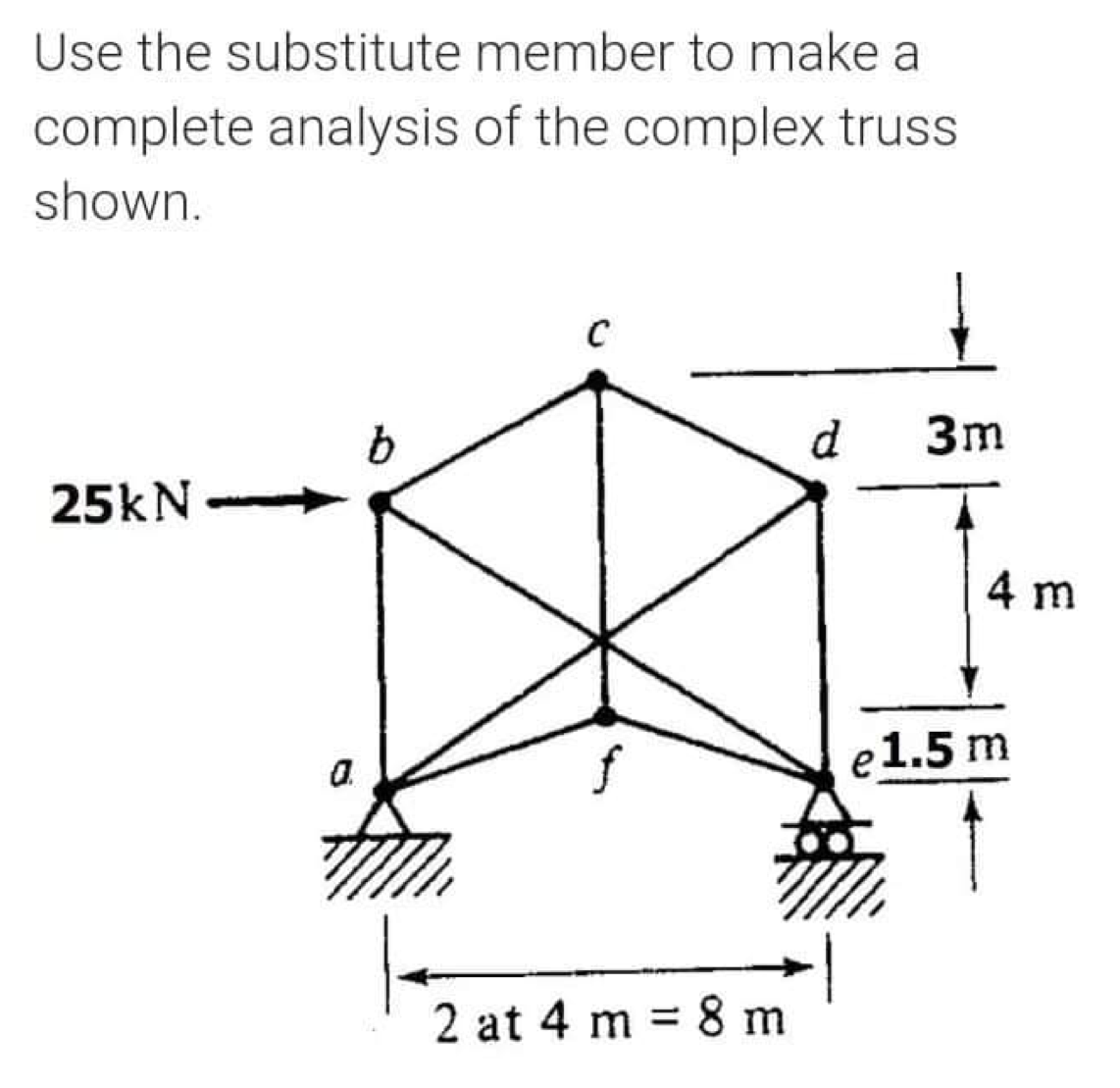 Use the substitute member to make a
complete analysis of the complex truss
shown.
d
3m
25kN
4 m
e1.5 m
a.
2 at 4 m = 8 m
%3D
