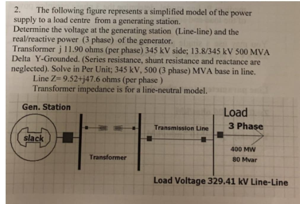 The following figure represents a simplified model of the power
supply to a load centre from a generating station.
Determine the voltage at the generating station (Line-line) and the
real/reactive power (3 phase) of the generator.
Transformer j 11.90 ohms (per phase) 345 kV side; 13.8/345 kV 500 MVA
Delta Y-Grounded. (Series resistance, shunt resistance and reactance are
neglected). Solve in Per Unit; 345 kV, 500 (3 phase) MVA base in line.
Line Z= 9.52+j47.6 ohms (per phase )
Transformer impedance is for a line-neutral model.
2.
tiz
Gen. Station
Load
Transmission Line
3 Phase
slack
400 MW
Transformer
80 Mvar
Load Voltage 329.41 kV Line-Line
