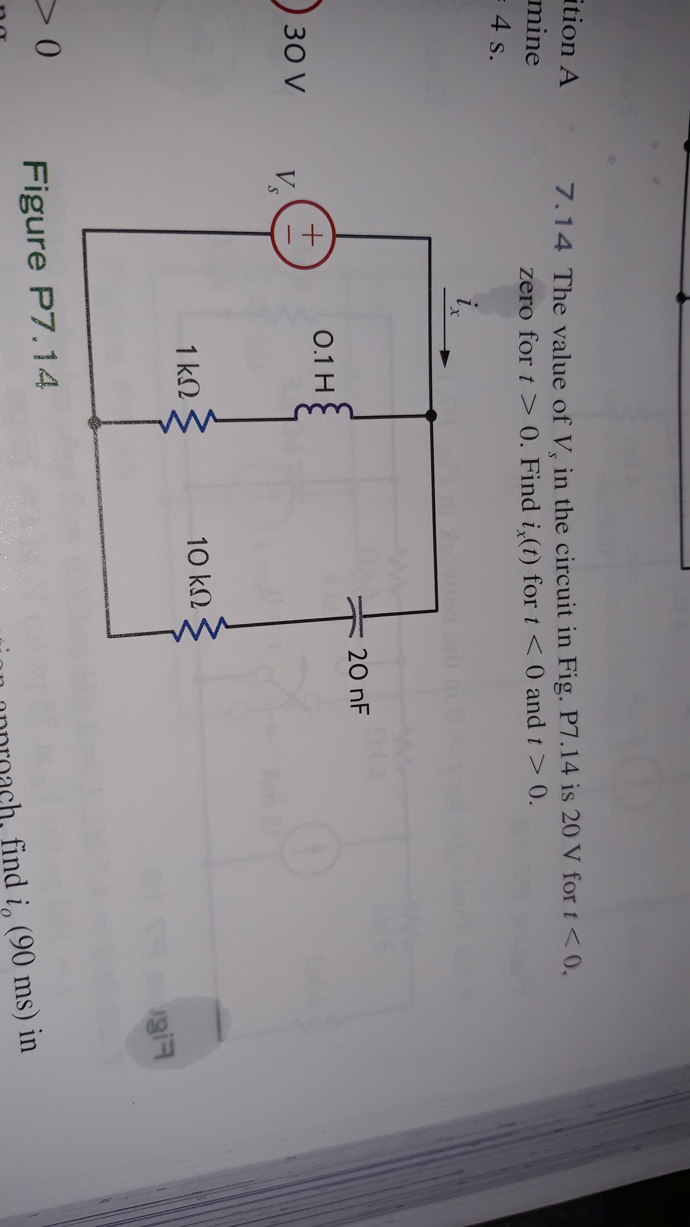 7.14 The value of V, in the circuit in Fig. P7.14 is 20 V for t < 0,
zero for t > 0. Find i,(t) for t < 0 and t > 0.
X.
