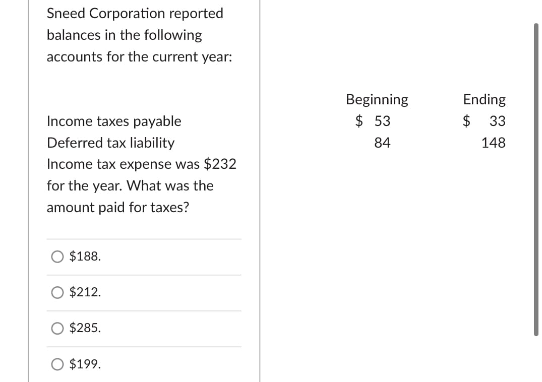 Sneed Corporation reported
balances in the following
accounts for the current year:
Income taxes payable
Deferred tax liability
Income tax expense was $232
for the year. What was the
amount paid for taxes?
Beginning
$ 53
84
$188.
$212.
$285.
○ $199.
Ending
$ 33
148