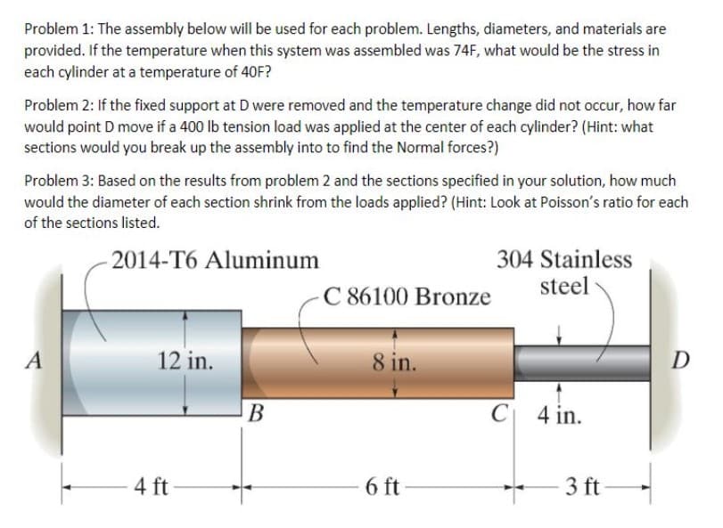 Problem 1: The assembly below will be used for each problem. Lengths, diameters, and materials are
provided. If the temperature when this system was assembled was 74F, what would be the stress in
each cylinder at a temperature of 40F?
Problem 2: If the fixed support at D were removed and the temperature change did not occur, how far
would point D move if a 400 lb tension load was applied at the center of each cylinder? (Hint: what
sections would you break up the assembly into to find the Normal forces?)
Problem 3: Based on the results from problem 2 and the sections specified in your solution, how much
would the diameter of each section shrink from the loads applied? (Hint: Look at Poisson's ratio for each
of the sections listed.
304 Stainless
steel
2014-T6 Aluminum
C 86100 Bronze
A
12 in.
8 in.
D
В
C 4 in.
4 ft
6 ft
3 ft
