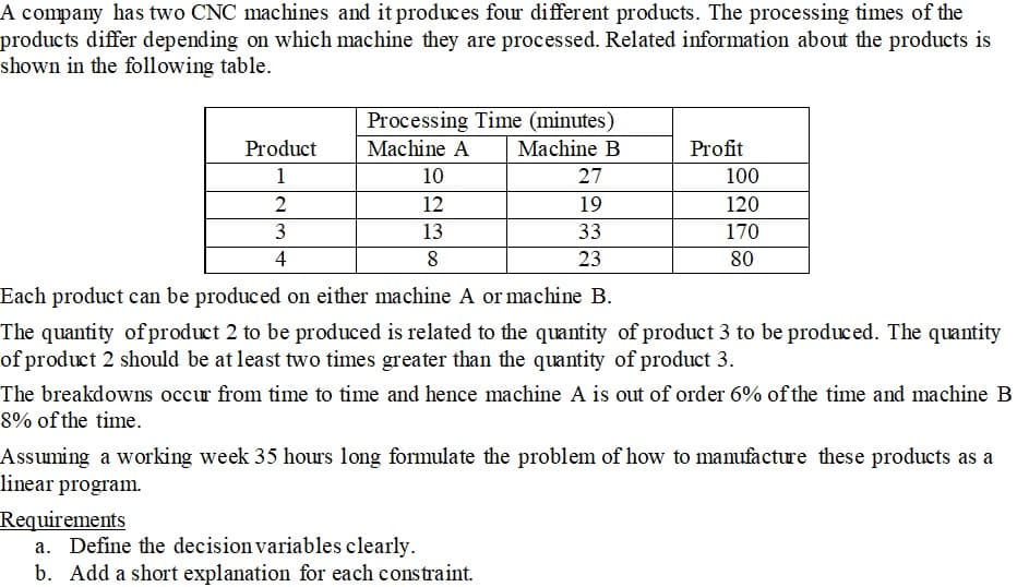 A company has two CNC machines and it produces four different products. The processing times of the
products differ depending on which machine they are processed. Related information about the products is
shown in the following table.
Processing Time (minutes)
Product
Machine A
Machine B
Profit
1
10
27
100
2
12
19
120
13
33
170
4
23
80
Each product can be produced on either machine A or machine B.
The quantity of product 2 to be produced is related to the quantity of product 3 to be produced. The quantity
of product 2 should be at least two times greater than the quantity of product 3.
The breakdowns occur from time to time and hence machine A is out of order 6% of the time and machine B
8% of the time.
Assuming a working week 35 hours long formulate the problem of how to manufacture these products as a
linear program.
Requirements
a. Define the decision variables clearly.
b. Add a short explanation for each constraint.
