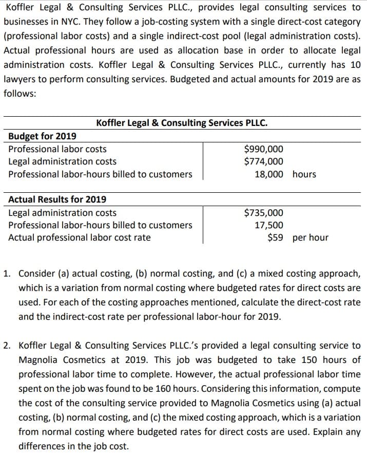 Koffler Legal & Consulting Services PLLC., provides legal consulting services to
businesses in NYc. They follow a job-costing system with a single direct-cost category
(professional labor costs) and a single indirect-cost pool (legal administration costs).
Actual professional hours are used as allocation base in order to allocate legal
administration costs. Koffler Legal & Consulting Services PLLC., currently has 10
lawyers to perform consulting services. Budgeted and actual amounts for 2019 are as
follows:
Koffler Legal & Consulting Services PLLC.
Budget for 2019
$990,000
$774,000
Professional labor costs
Legal administration costs
Professional labor-hours billed to customers
18,000 hours
Actual Results for 2019
Legal administration costs
Professional labor-hours billed to customers
$735,000
17,500
$59 per hour
Actual professional labor cost rate
1. Consider (a) actual costing, (b) normal costing, and (c) a mixed costing approach,
which is a variation from normal costing where budgeted rates for direct costs are
used. For each of the costing approaches mentioned, calculate the direct-cost rate
and the indirect-cost rate per professional labor-hour for 2019.
2. Koffler Legal & Consulting Services PLLC.'s provided a legal consulting service to
Magnolia Cosmetics at 2019. This job was budgeted to take 150 hours of
professional labor time to complete. However, the actual professional labor time
spent on the job was found to be 160 hours. Considering this information, compute
the cost of the consulting service provided to Magnolia Cosmetics using (a) actual
costing, (b) normal costing, and (c) the mixed costing approach, which is a variation
from normal costing where budgeted rates for direct costs are used. Explain any
differences in the job cost.
