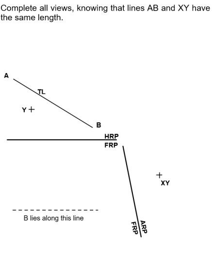 Complete all views, knowing that lines AB and XY have
the same length.
TL
Y+
B
HRP
FRP
XY
B lies along this line
ARP
FRP
