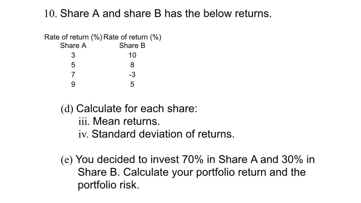 10. Share A and share B has the below returns.
Rate of return (%) Rate of return (%)
Share A
Share B
3
5
7
9
10
8
-3
5
(d) Calculate for each share:
iii. Mean returns.
iv. Standard deviation of returns.
(e) You decided to invest 70% in Share A and 30% in
Share B. Calculate your portfolio return and the
portfolio risk.
