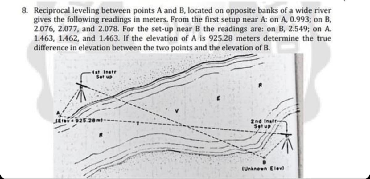 8. Reciprocal leveling between points A and B, located on opposite banks of a wide river
gives the following readings in meters. From the first setup near A: on A, 0.993; on B,
2.076, 2.077, and 2.078. For the set-up near B the readings are: on B, 2.549; on A.
1.463, 1.462, and 1.463. If the elevation of A is 925.28 meters determine the true
difference in elevation between the two points and the elevation of B.
fat Instr
Set up
JEV925.28m-
2nd Instr-
Setup
(Unknown Elev)
