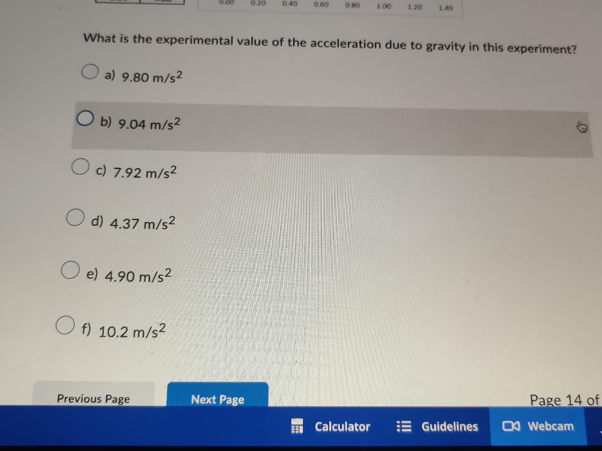 0.00
0.20
0.40
0.60
0.80
1.00
1.20
1.40
What is the experimental value of the acceleration due to gravity in this experiment?
a) 9.80 m/s²
Ob) 9.04 m/s²
c) 7.92 m/s²
d) 4.37 m/s²
e) 4.90 m/s²
f) 10.2 m/s²
Previous Page
Next Page
Calculator
Guidelines
Page 14 of
Webcam