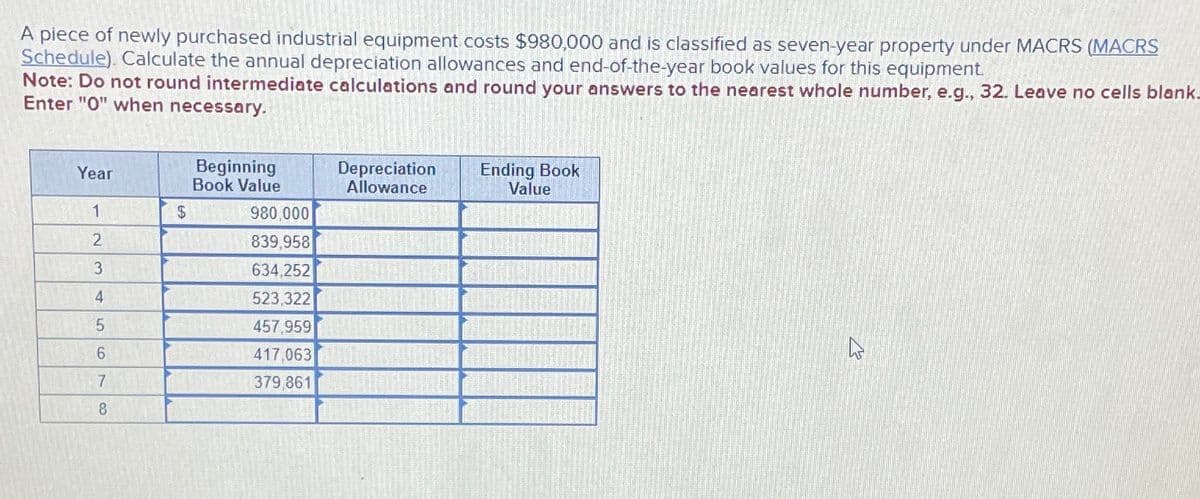 A piece of newly purchased industrial equipment costs $980,000 and is classified as seven-year property under MACRS (MACRS
Schedule). Calculate the annual depreciation allowances and end-of-the-year book values for this equipment.
Note: Do not round intermediate calculations and round your answers to the nearest whole number, e.g., 32. Leave no cells blank.
Enter "0" when necessary.
Beginning
Book Value
Year
Depreciation
Allowance
Ending Book
Value
1
$ 980.000
2
839,958
Mon 3
634,252
4
523,322
5
457,959
6
417,063
BARE7
379.861
8