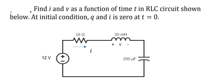 Find i and v as a function of time t in RLC circuit shown
below. At initial condition, q and i is zero at t = 0.
1692
20 mH
12 V
+1
+ V
200 μF