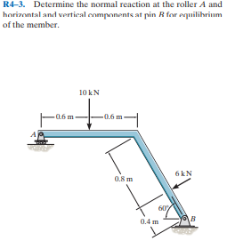 R4-3. Determine the normal reaction at the roller A and
horizontal and vertical components at pin R for equilihrium
of the member.
10 kN
0.6 m
- 0.6 m -
0.8 m
6 kN
0.4 m
