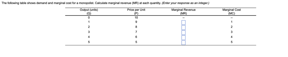 The following table shows demand and marginal cost for a monopolist. Calculate marginal revenue (MR) at each quantity. (Enter your response as an integer.)
Marginal Revenue
(MR)
Marginal Cost
(MC)
Price per Unit
Output (units)
(Q)
(P)
10
--
1
9.
1
2
8
2
7
3
4
6
4
5
5
5
