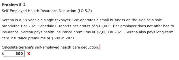 Problem 5-2
Self-Employed Health Insurance Deduction (LO 5.2)
Serena is a 38-year-old single taxpayer. She operates a small business on the side as a sole
proprietor. Her 2021 Schedule C reports net profits of $15,000. Her employer does not offer health
insurance. Serena pays health insurance premiums of $7,800 in 2021. Serena also pays long-term
care insurance premiums of $600 in 2021.
Calculate Serena's self-employed health care deduction.
390 x
