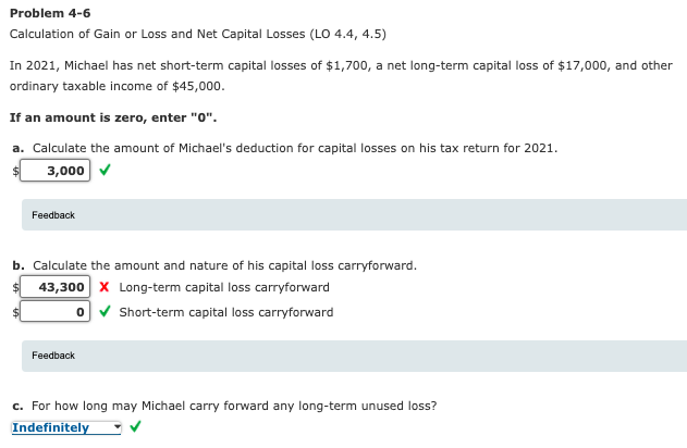 Problem 4-6
Calculation of Gain or Loss and Net Capital Losses (LO 4.4, 4.5)
In 2021, Michael has net short-term capital losses of $1,700, a net long-term capital loss of $17,000, and other
ordinary taxable income of $45,000.
If an amount is zero, enter "0".
a. Calculate the amount of Michael's deduction for capital losses on his tax return for 2021.
3,000
Feedback
b. Calculate the amount and nature of his capital loss carryforward.
$1
43,300 x Long-term capital loss carryforward
o v Short-term capital loss carryforward
Feedback
c. For how long may Michael carry forward any long-term unused loss?
Indefinitely
