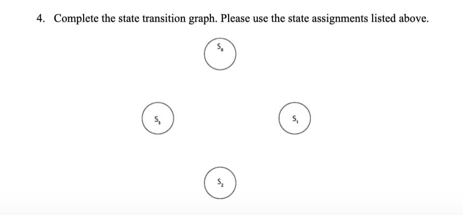 4. Complete the state transition graph. Please use the state assignments listed above.
S₂
S₁
S₂
S₁