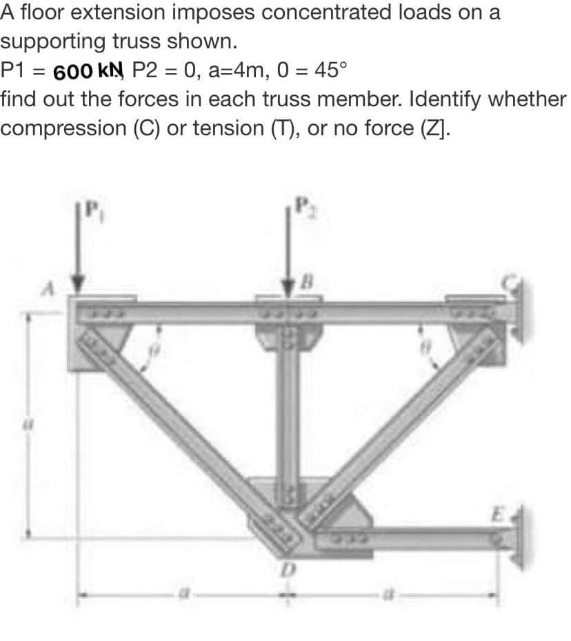 A floor extension imposes concentrated loads on a
supporting truss shown.
P1 = 600 kN P2 = 0, a=4m, 0 = 45°
find out the forces in each truss member. Identify whether
compression (C) or tension (T), or no force (Z].
