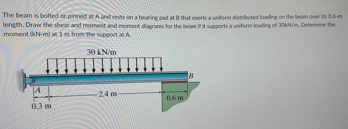 The beam is bolted or pinned at A and rests on a bearing pad at B that exerts a uniform distributed loading on the beam over its 0.6-m
length. Draw the shear and moment and moment diagrams for the beam if it supports a uniform loading of 30kN/m. Determine the
moment (kN-m) at 1 m from the support at A.
A
0.3 m
30 kN/m
-2.4 m
0.6 m
B