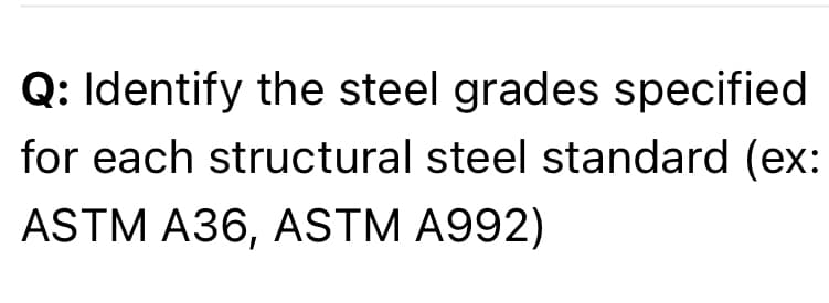 Q: Identify the steel grades specified
for each structural steel standard (ex:
ASTM A36, ASTM A992)