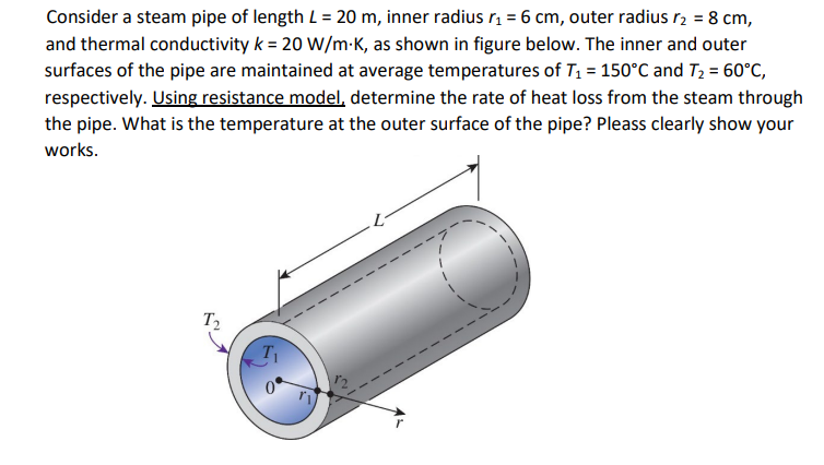 Consider a steam pipe of length L = 20 m, inner radius r₁ = 6 cm, outer radius r₂ = 8 cm,
and thermal conductivity k = 20 W/m-K, as shown in figure below. The inner and outer
surfaces of the pipe are maintained at average temperatures of T₁ = 150°C and T₂ = 60°C,
respectively. Using resistance model, determine the rate of heat loss from the steam through
the pipe. What is the temperature at the outer surface of the pipe? Pleass clearly show your
works.
T2₂