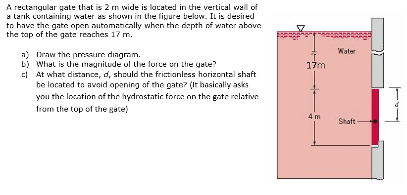 A rectangular gate that is 2 m wide is located in the vertical wall of
a tank containing water as shown in the figure below. It is desired
to have the gate open automatically when the depth of water above
the top of the gate reaches 17 m.
Water
a) Draw the pressure diagram.
b) What is the magnitude of the force on the gate?
c) At what distance, d, should the frictionless horizontal shaft
be located to avoid opening of the gate? (It basically asks
17m
you the location of the hydrostatic force on the gate relative
from the top of the gate)
4 m
Shaft
