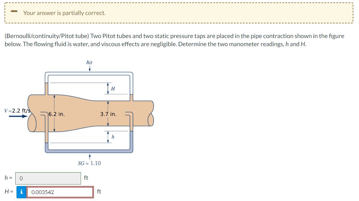 Your answer is partially correct.
(Bernoulli/continuity/Pitot tube) Two Pitot tubes and two static pressure taps are placed in the pipe contraction shown in the figure
below. The flowing fluid is water, and viscous effects are negligible. Determine the two manometer readings, h and H.
Air
V =2.2 ft/s
6.2 in.
3.7 in.
SG = 1.10
h =
ft
H =
i
0.003542
ft
