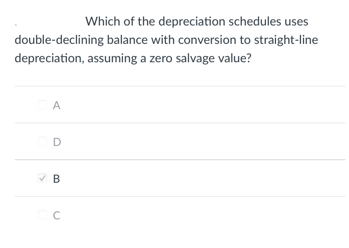 Which of the depreciation schedules uses
double-declining balance with conversion to straight-line
depreciation, assuming a zero salvage value?
DA
D
B
C