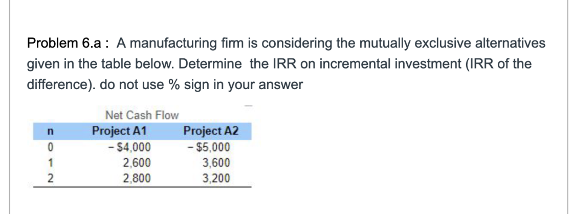 Problem 6.a: A manufacturing firm is considering the mutually exclusive alternatives
given in the table below. Determine the IRR on incremental investment (IRR of the
difference). do not use % sign in your answer
n
0
1
2
Net Cash Flow
Project A1
- $4,000
2,600
2,800
Project A2
- $5,000
3,600
3,200