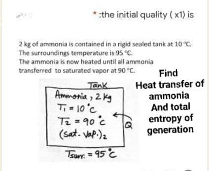 * :the initial quality (x1) is
2 kg of ammonia is contained in a rigid sealed tank at 10 °C.
The surroundings temperature is 95 °C.
The ammonia is now heated until all ammonia
transferred to saturated vapor at 90 °C.
Tank
Ammonia, 2 kg
Ti = 10°C
T₂ = 90 c
(Sat. Vap.) ₂
for
Tsun. = 95 °C
==
Q
Find
Heat transfer of
ammonia
And total
entropy of
generation