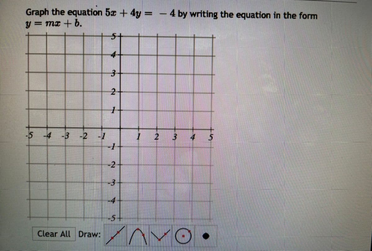 Graph the equation 5x + 4y =
y = mx + b.
4 by writing the equation in the form
3-
2-
-5 -4 -3
-2 -1
4
-2
-3
-4
-5+
Clear All Draw:
3.
2.
