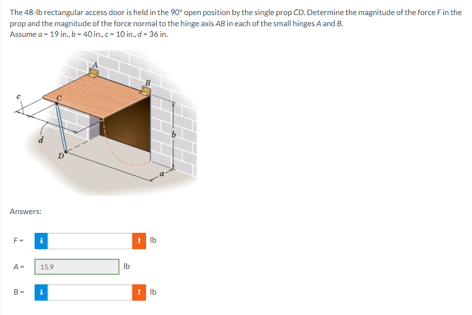 The 48-lb rectangular access door is held in the 90° open position by the single prop CD. Determine the magnitude of the force F in the
prop and the magnitude of the force normal to the hinge axis AB in each of the small hinges A and B.
Assume a = 19 in., b = 40 in., c = 10 in., d = 36 in.
Answers:
F=
A =
B =
i
15.9
i
lb
!
lb
! lb