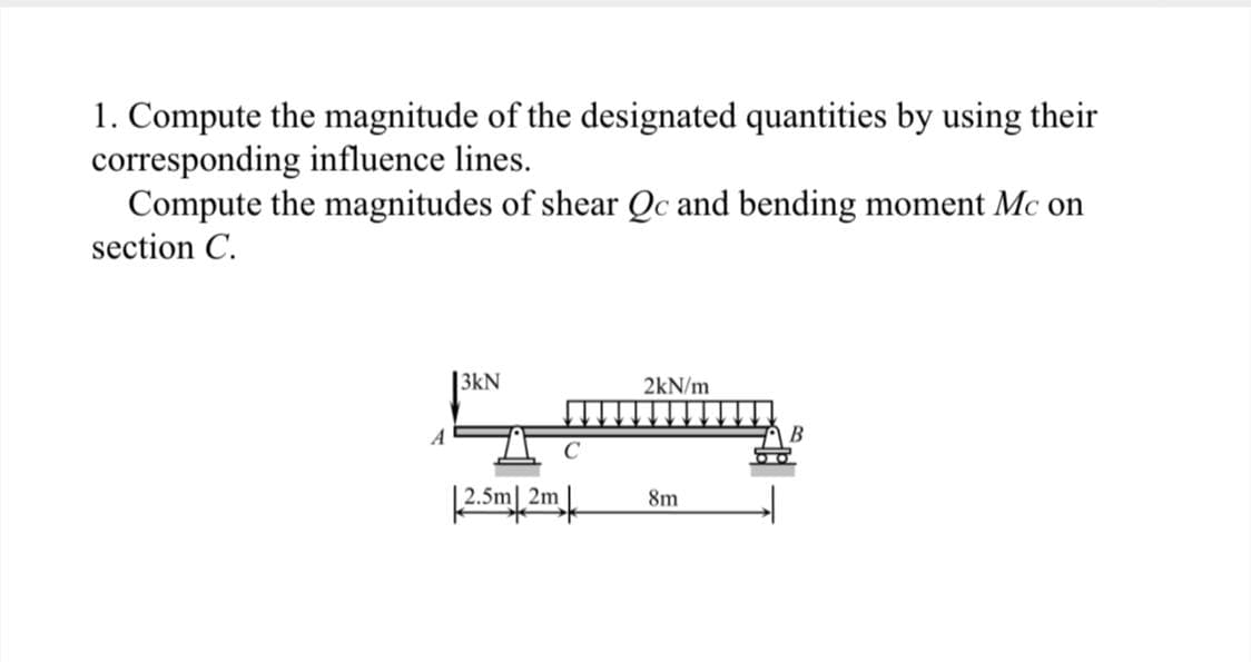 1. Compute the magnitude of the designated quantities by using their
corresponding influence lines.
Compute the magnitudes of shear Qc and bending moment Mc on
section C.
|3kN
2kN/m
|25m| 2m|
8m
