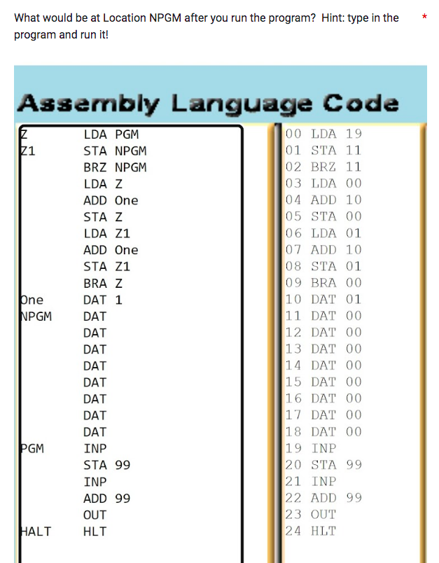 What would be at Location NPGM after you run the program? Hint: type in the
program and run it!
Assembly Language Code
LDA PGM
STA NPGM
00 LDA 19
01 STA 11
BRZ NPGM
02 BRZ 11
LDA Z
03 LDA 00
ADD One
04 ADD 10
STA Z
05 STA 00
LDA Z1
06 LDA 01
ADD One
07 ADD 10
STA Z1
08 STA 01
BRA Z
09 BRA 00
DAT 1
10 DAT 01
11 DAT 00
12 DAT 00
13 DAT 00
14 DAT 00
15 DAT 00
16 DAT 00
17 DAT 00
18 DAT 00
19 INP
20 STA 99
21 INP
22 ADD 99
23 OUT
24 HLT
Z
Z1
One
NPGM
PGM
HALT
DAT
DAT
DAT
DAT
DAT
DAT
DAT
DAT
INP
STA 99
INP
ADD 99
OUT
HLT