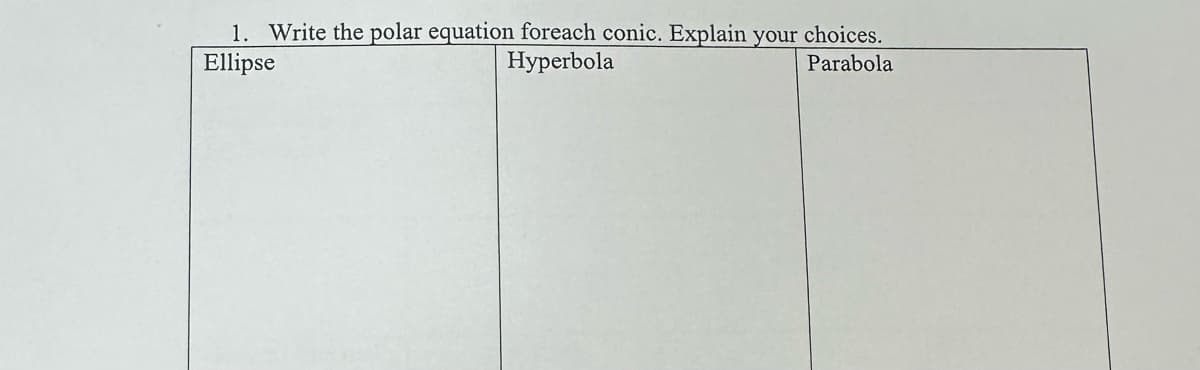 1. Write the polar equation foreach conic. Explain your choices.
Ellipse
Hyperbola
Parabola