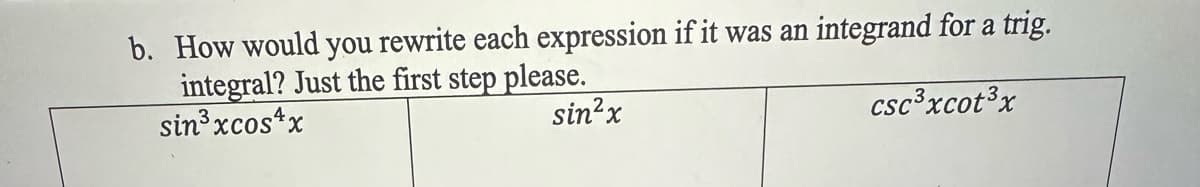 b. How would you rewrite each expression if it was an integrand for a trig.
integral? Just the first step please.
sin³xcosx
sin²x
csc³xcot³x