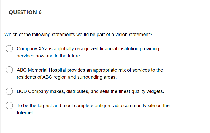 QUESTION 6
Which of the following statements would be part of a vision statement?
Company XYZ is a globally recognized financial institution providing
services now and in the future.
ABC Memorial Hospital provides an appropriate mix of services to the
residents of ABC region and surrounding areas.
BCD Company makes, distributes, and sells the finest-quality widgets.
To be the largest and most complete antique radio community site on the
Internet.
