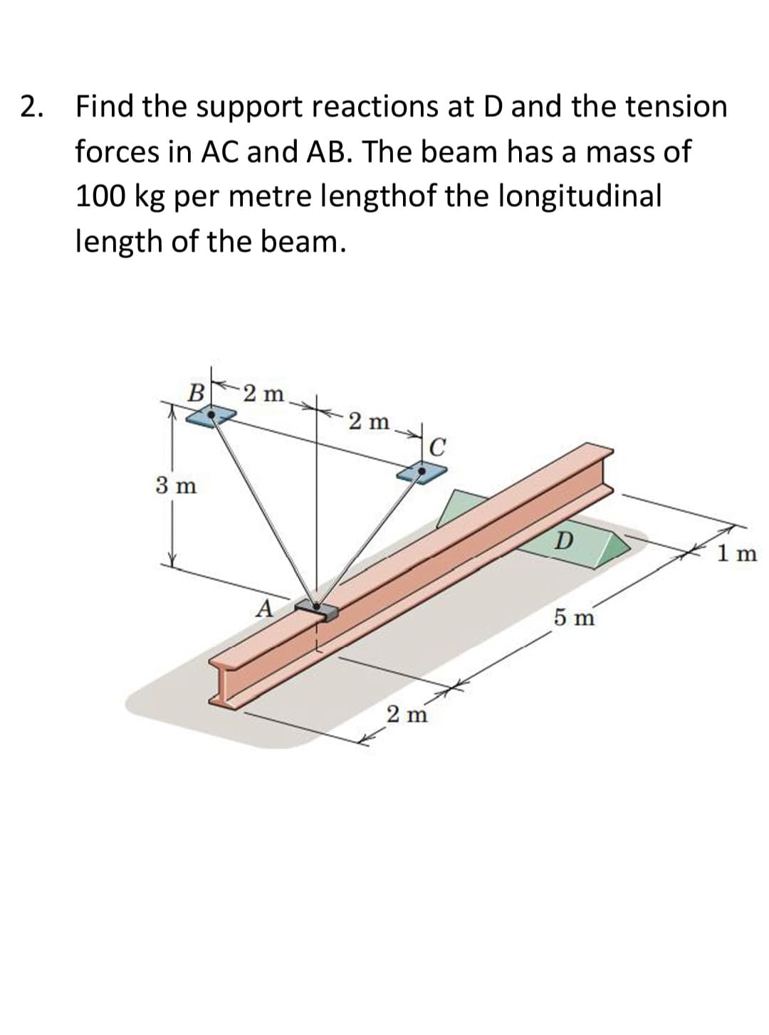 2. Find the support reactions at D and the tension
forces in AC and AB. The beam has a mass of
100 kg per metre lengthof the longitudinal
length of the beam.
В
2 m
2 m
3 m
1 m
A
5 m
2 m
