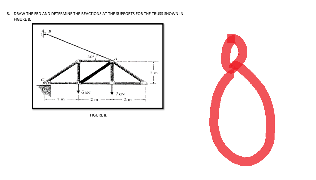 8. DRAW THE FBD AND DETERMINE THE REACTIONS AT THE SUPPORTS FOR THE TRUSS SHOWN IN
FIGURE 8.
B
2 m
30°
6 KN
2 m
FIGURE 8.
7KN
2 m
i
2 m
8