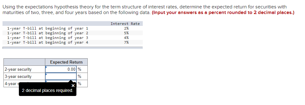 Using the expectations hypothesis theory for the term structure of interest rates, determine the expected return for securities with
maturities of two, three, and four years based on the following data. (Input your answers as a percent rounded to 2 decimal places.)
Interest Rate
1-year T-bill at beginning of year 1
1-year T-bill at beginning of year 2
1-year T-bill at beginning of year 3
1-year T-bill at beginning of year 4
2%
5%
4%
7%
Expected Return
0.00 %
2-year security
3-year security
%
4-year
2 decimal places required.
