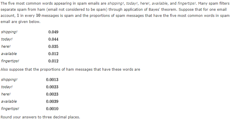 The five most common words appearing in spam emails are shipping!, today!, here!, available, and fingertips!. Many spam filters
separate spam from ham (email not considered to be spam) through application of Bayes' theorem. Suppose that for one email
account, 1 in every 10 messages is spam and the proportions of spam messages that have the five most common words in spam
email are given below.
shipping!
0.049
today!
0.044
here!
0.035
available
0.012
fingertips!
0.012
Also suppose that the proportions of ham messages that have these words are
shipping!
0.0013
today!
0.0023
here!
0.0023
available
0.0039
fingertips!
0.0010
Round your answers to three decimal places.
