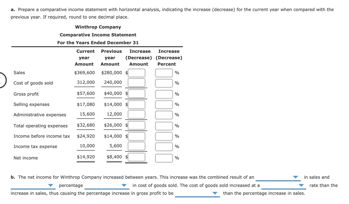 a. Prepare a comparative income statement with horizontal analysis, indicating the increase (decrease) for the current year when compared with the
previous year. If required, round to one decimal place.
Winthrop Company
Comparative Income Statement
For the Years Ended December 31
Current
Previous
Increase
Increase
year
year
(Decrease) (Decrease)
Amount
Amount
Amount
Percent
Sales
$369,600
$280,000 $
%
Cost of goods sold
312,000
240,000
%
Gross profit
$57,600
$40,000
%
Selling expenses
$17,080
$14,000 $
%
Administrative expenses
15,600
12,000
%
Total operating expenses
$32,680
$26,000 $
%
Income before income tax
$24,920
$14,000
%
Income tax expense
10,000
5,600
%
Net income
$14,920
$8,400 $
%
b. The net income for Winthrop Company increased between years. This increase was the combined result of an
in sales and
percentage
in cost of goods sold. The cost of goods sold increased at a
rate than the
increase in sales, thus causing the percentage increase in gross profit to be
than the percentage increase in sales.
