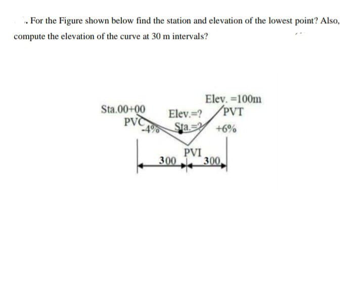 . For the Figure shown below find the station and elevation of the lowest point? Also,
compute the elevation of the curve at 30 m intervals?
Elev. =100m
Sta.00+00
Elev.=?
PVT
PVC
Sta= +6%
PVI
300 300
