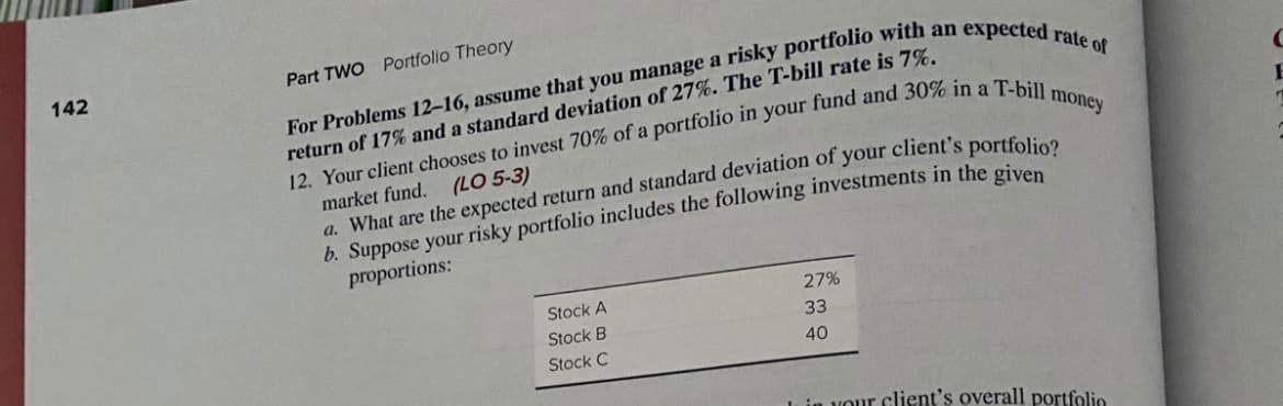 142
Part TWO Portfolio Theory
For Problems 12-16, assume that you manage a risky portfolio with an expected rate of
return of 17% and a standard deviation of 27%. The T-bill rate is 7%.
12. Your client chooses to invest 70% of a portfolio in your fund and 30% in a T-bill
market fund. (LO 5-3)
a. What are the expected return and standard deviation of your client's portfolio?
b. Suppose your risky portfolio includes the following investments in the given
proportions:
money
27%
Stock A
Stock B
33
Stock C
40
your client's overall portfolio.
I