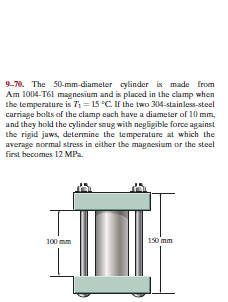 9-70. The 50-mm-diameter cylinder is made from
Am 1004-T61 magnesium and is placed in the clamp when
the temperature is T = 15 °C. If the two 304-stainless-steel
carriage bolts of the clamp each have a diameter of 10 mm,
and they hold the cylinder snug with negligible force against
the rigid jaws, determine the temperature at which the
average normal stress in either the magnesium or the steel
first becomes 12 MPa.
100 mm
150 mm
