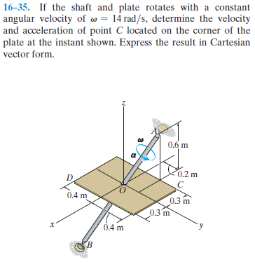 16–35. If the shaft and plate rotates with a constant
angular velocity of w = 14 rad/s, determine the velocity
and acceleration of point C located on the corner of the
plate at the instant shown. Express the result in Cartesian
vector form.
0,6 m
0.2 m
0.4 m
0.3 m
0.3 m
0.4 m
