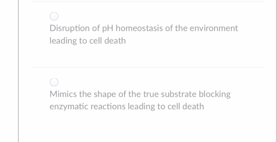 Disruption of pH homeostasis of the environment
leading to cell death
Mimics the shape of the true substrate blocking
enzymatic reactions leading to cell death
